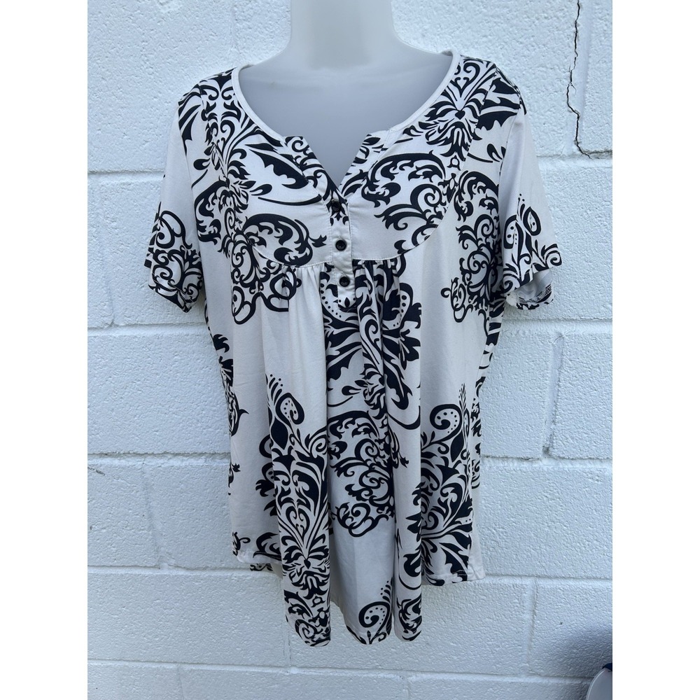 HaLife Black & White  Paisley Women's Short Sleeve Blouse Top XL Cotton